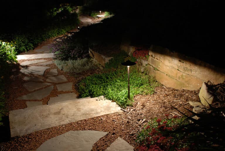Outdoor lighting - plants and stone steps.